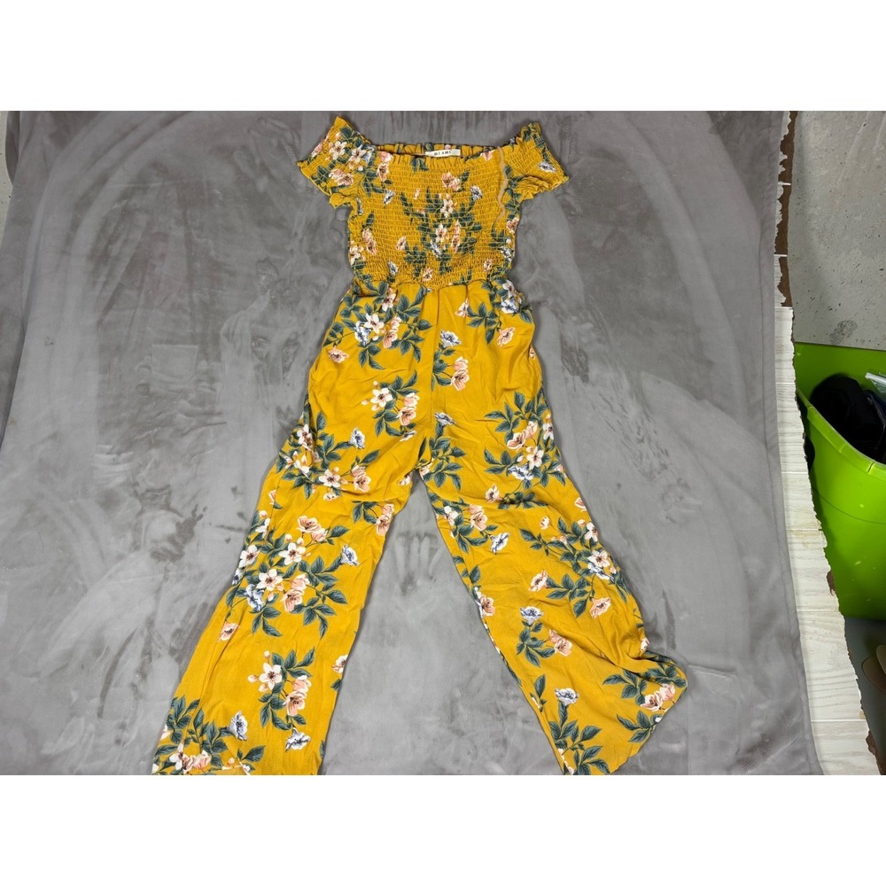 Miami Floral Smocked Off The Shoulder Jumpsuit Mustard Yellow Wide Leg Boho